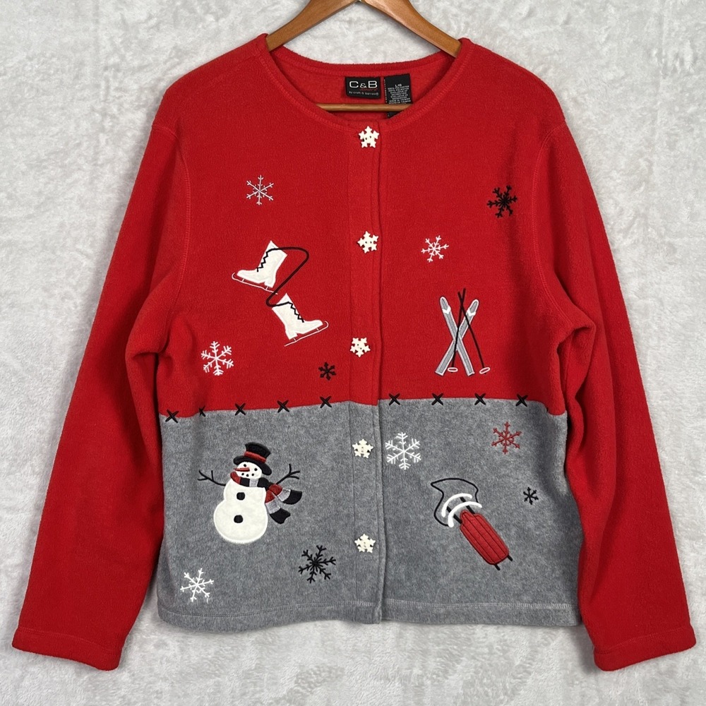 Vintage Christmas Cardigan Button Sweater L Fleece Red Gray Snowman Ski Grandma - Picture 11 of 11